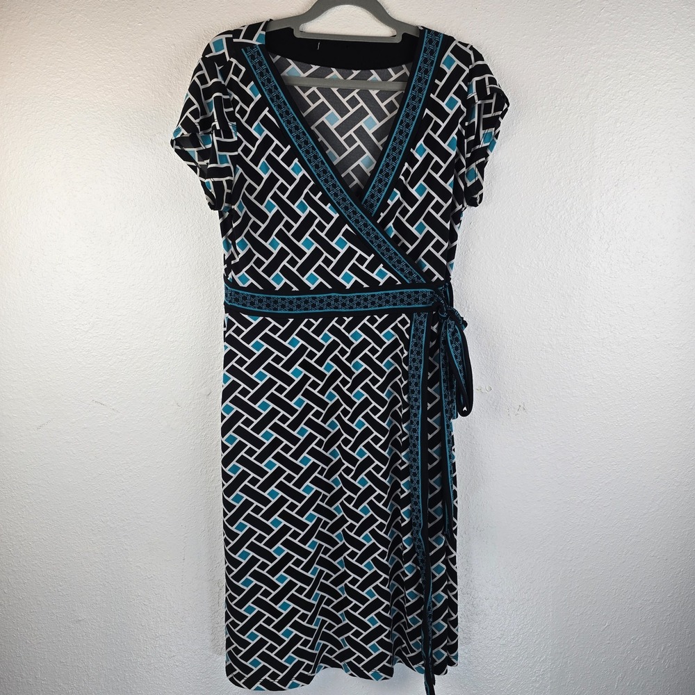 Womens Wrap Dress Teal Black Geometric Party Wear Tie Waist V Neck Short Sleeve